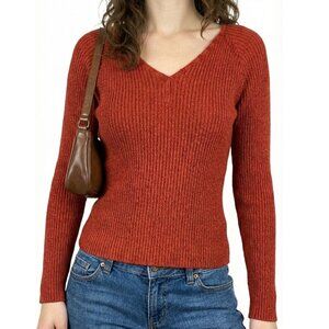Vintage Y2K Rust Red Ribbed V-Neck Sweater Knit Top Cotton School Bella Swan L